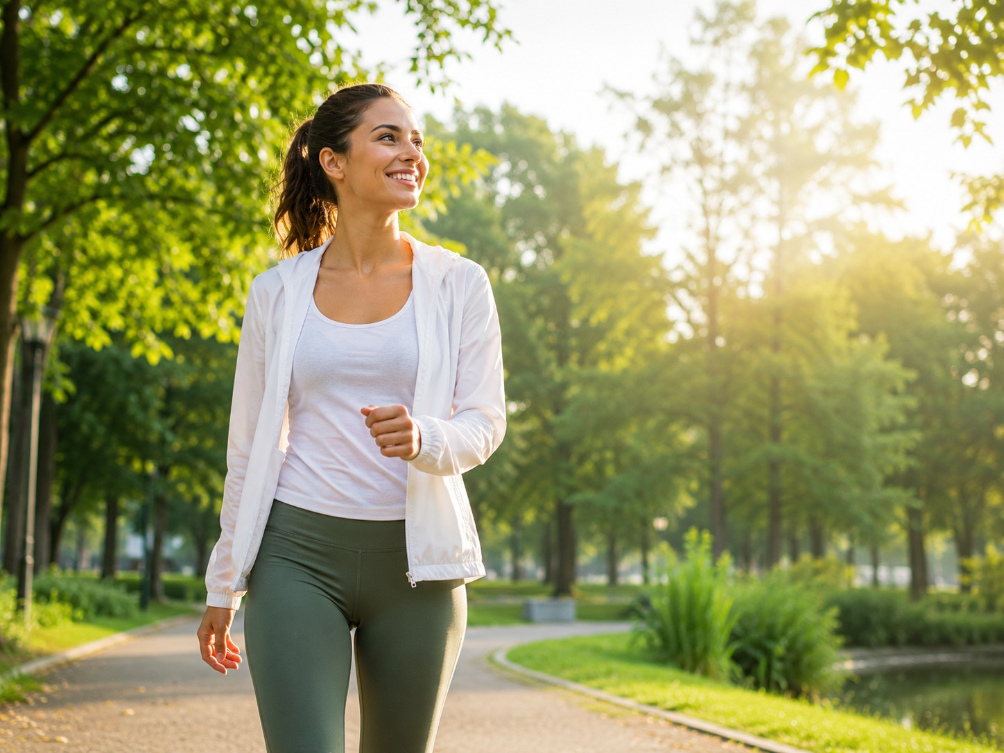 Mujer caminando en un parque durante la mañana